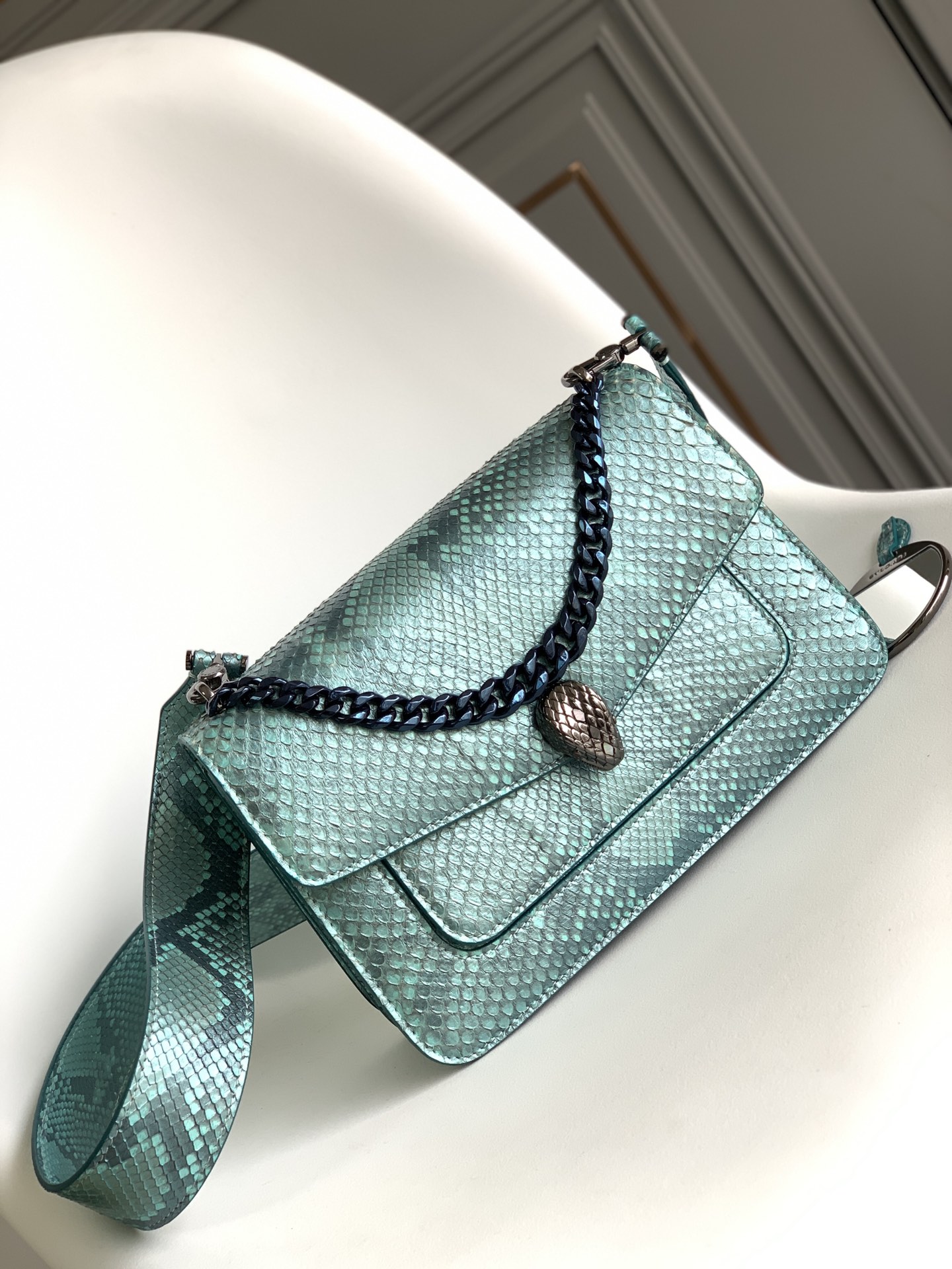 Bvlgari Serpenti Forever Medium Crossbody Bag in Green Python Skin